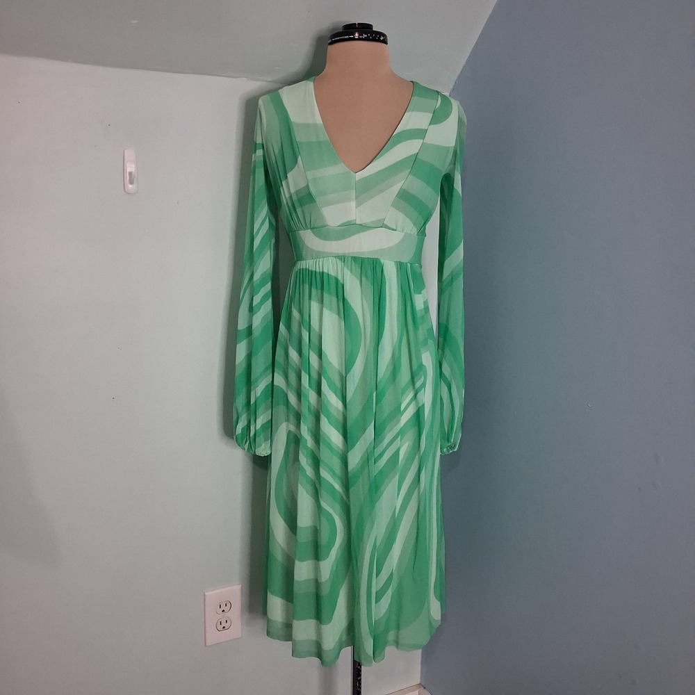 Fuzzi Women's Green Blouson Sleeve Swirl Print Tulle Mesh Retro Midi Dress Sz S